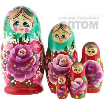 MS0502а-EfrT-02 Матрешка 5мест розы зелено-красн.
